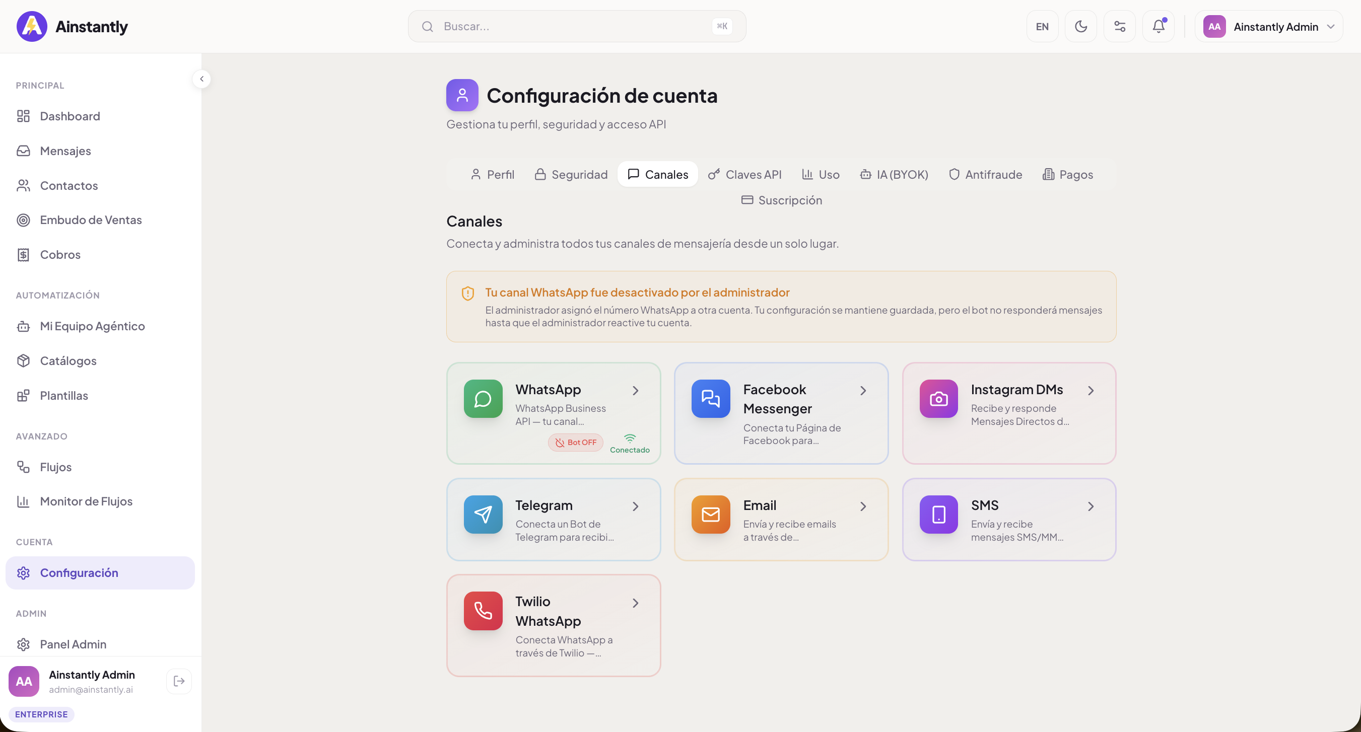 Configuración de canales de Ainstantly